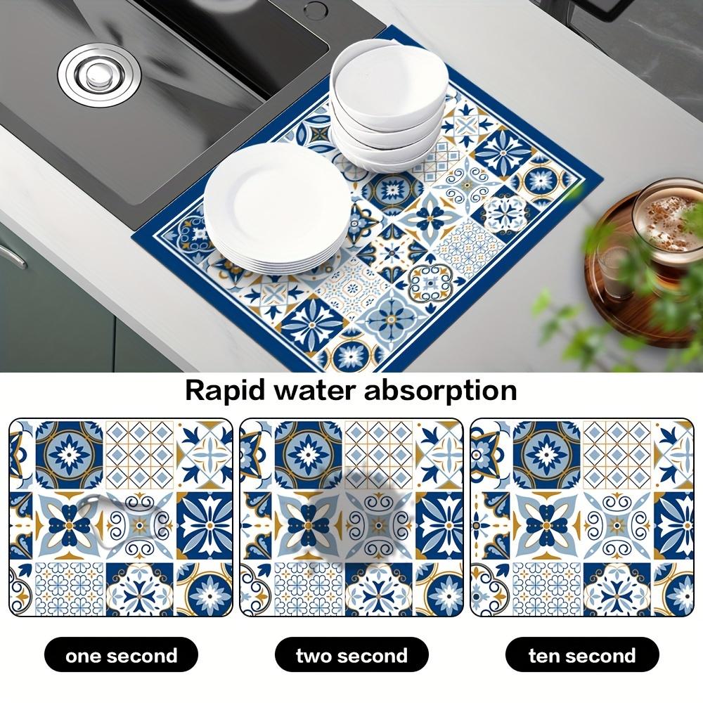 1Pcs Rubber Drying Mat With Retro Blue Simple Print For Coffee Shop Kitchen Carpet Tableware Durable Diatom Mud Table Mat Pet Mat Coffeeware