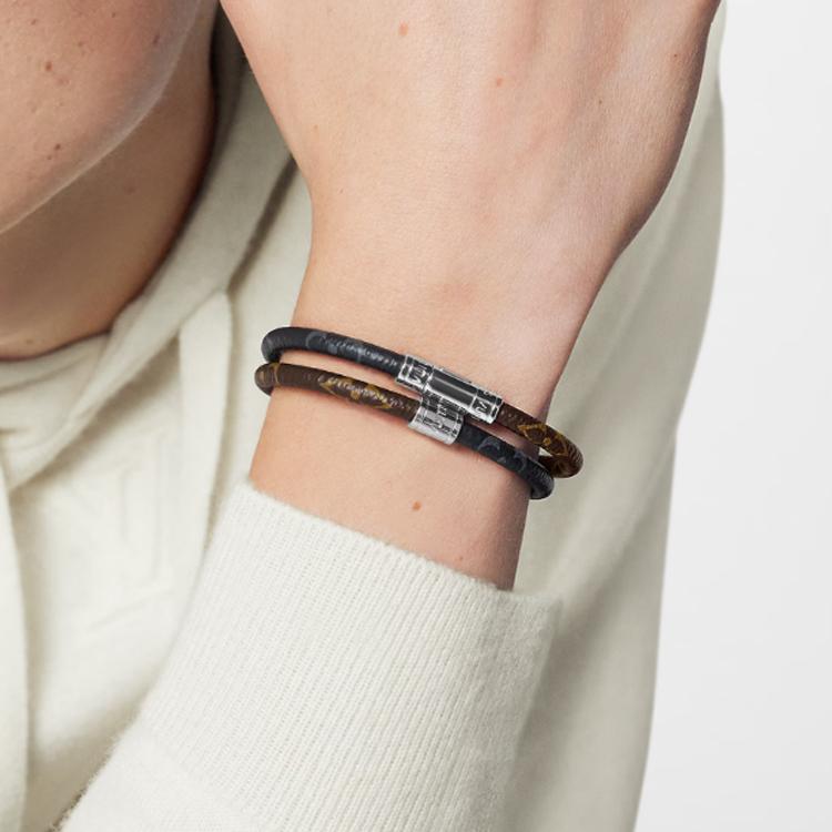 Louis Vuitton Doppelring Dekoratives Lederarmband Unisex Armband Grau Braun M8154D