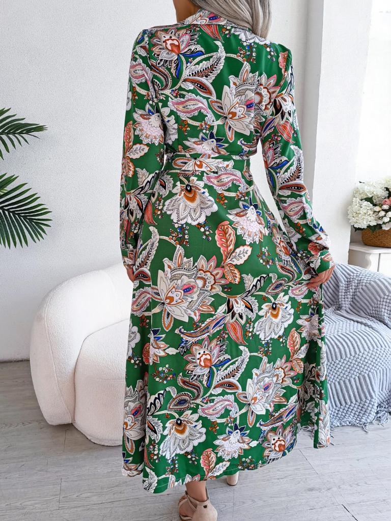 Turndown Collar Print Flower Button Dress High Waist Elegant  Shirt Dress for Women Long Sleeve Loose Dresses Causal Dress