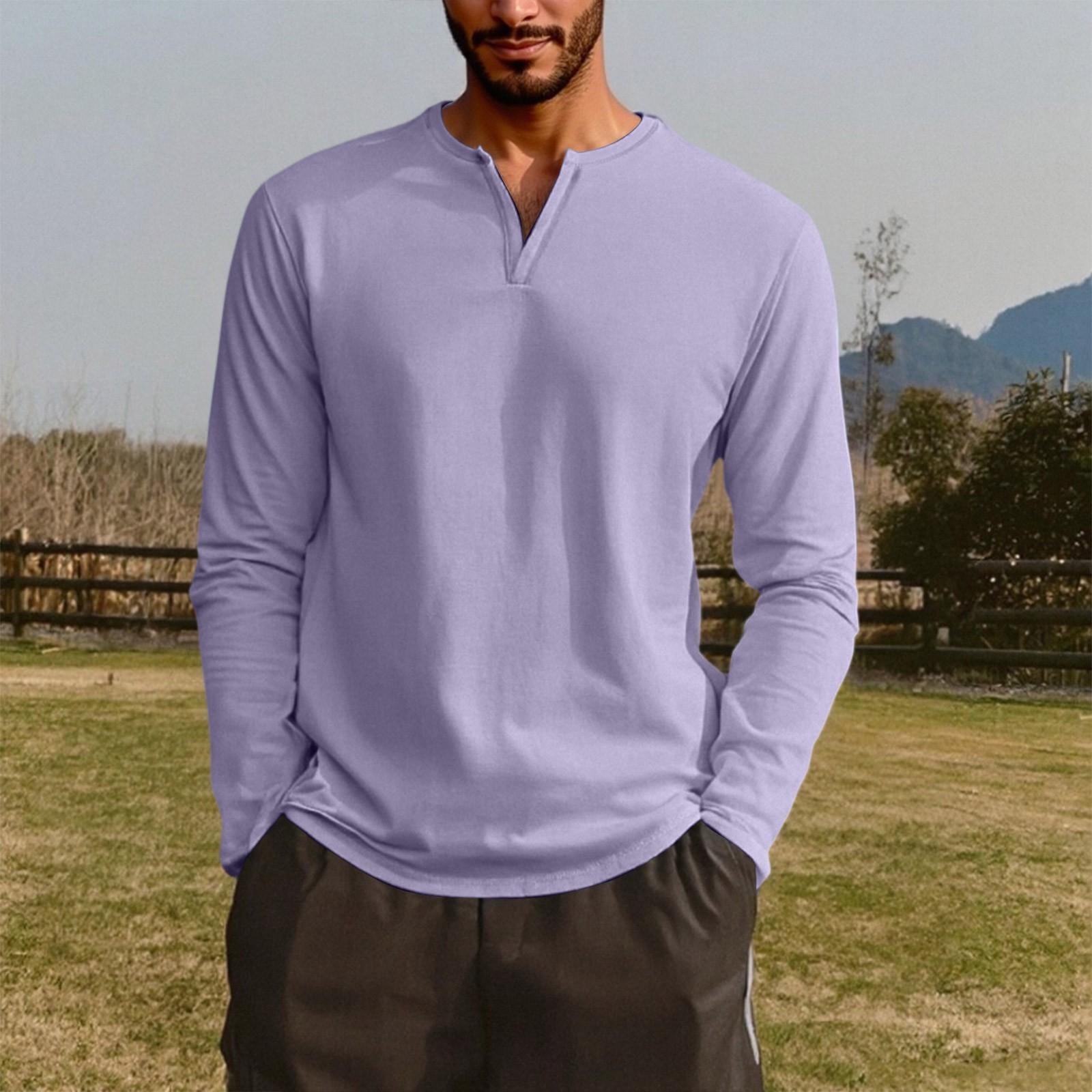 Men’s Long Sleeve Casual Henley Shirt, Lightweight Soft Cotton V-Neck Tee Top for Everyday Wear, Relaxed Fit L
