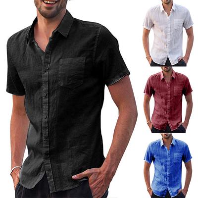 Shirts for Men Solid Color Polo Tops Short//Long Sleeve Cotton Linen Tee Button Retro Business Blouse