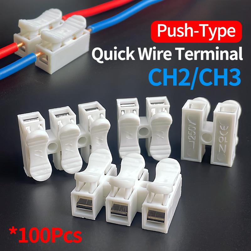 100pcs 2/3 Pin Push-in Spring Loaded Connector, CH2 CH3 5A 250V Wire Cable Connector for Electrical Lighting
