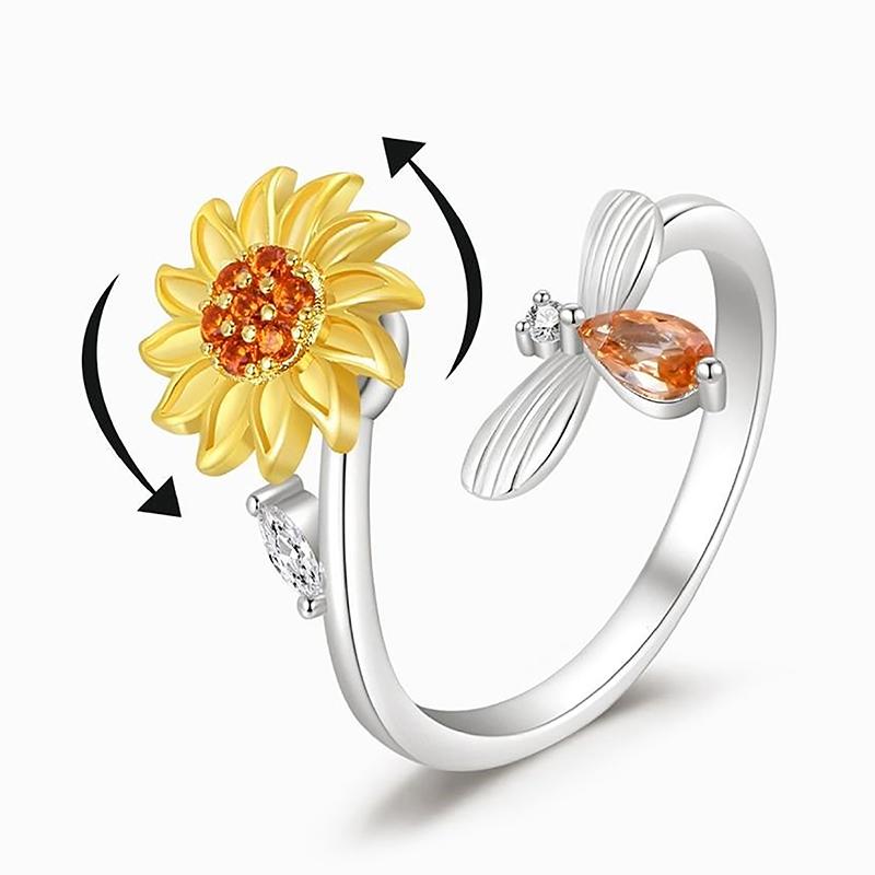 

Opening Adjustable Spinning Sunflower Bee Release Stress Ring Rotatable Zircon Copper Finger Ring For Women Fashion Jewelry A