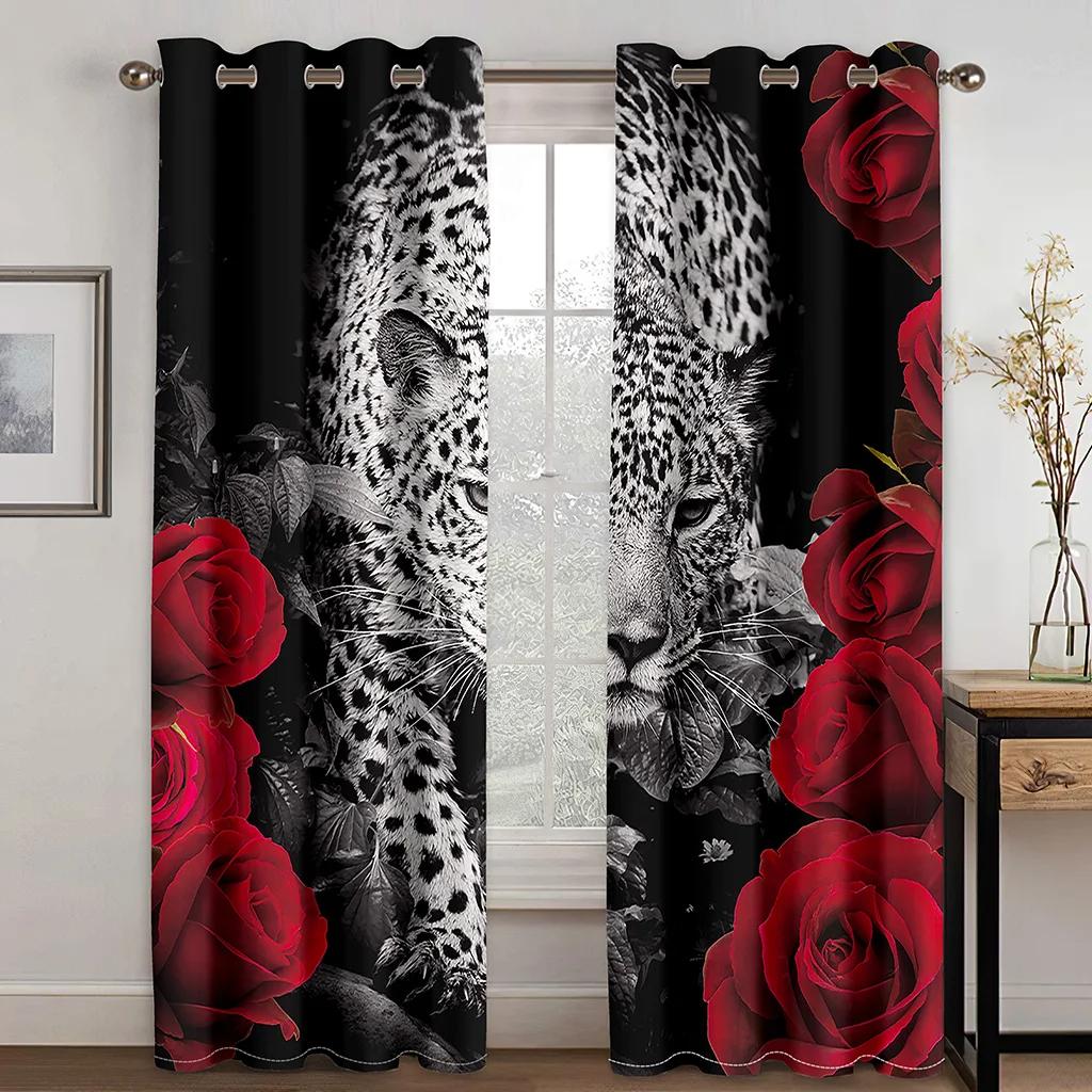 Blue Wolfs Animals Rose Leopard Two Drape Thick Window Curtains for Living Room Bedroom Decor Tiger Pattern High Shading Drape