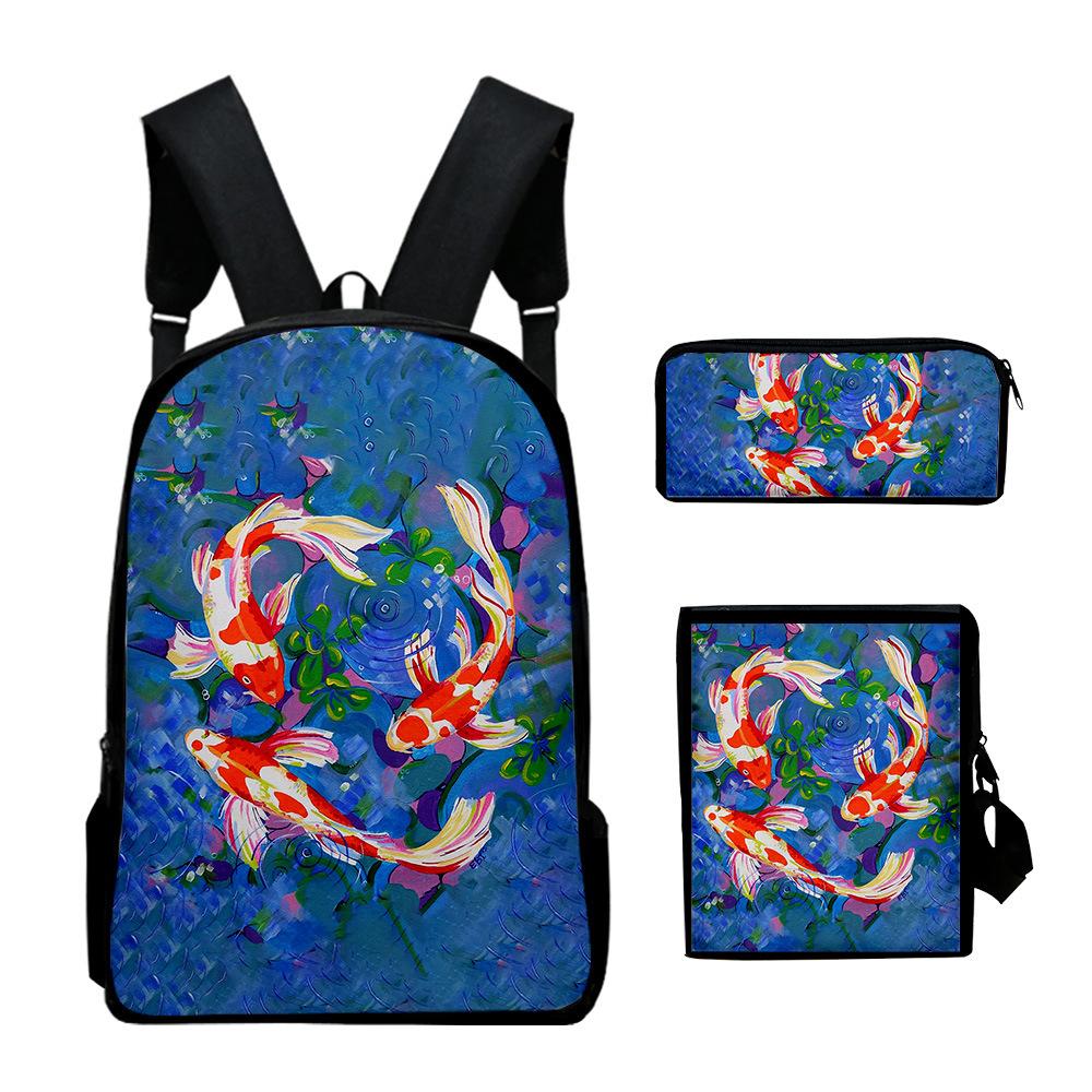 Classic Novelty Cool Koi Carp 3D Print 3pcs/Set Pupil School Bags Laptop Daypack Backpack Inclined Shoulder Bag Pencil Case