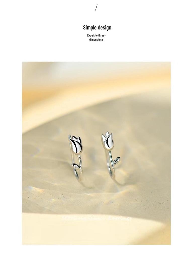 Solid Sterling Silver S999 Tulip Rose Flower Ear Cuffs Korean Style Women's Jewelry