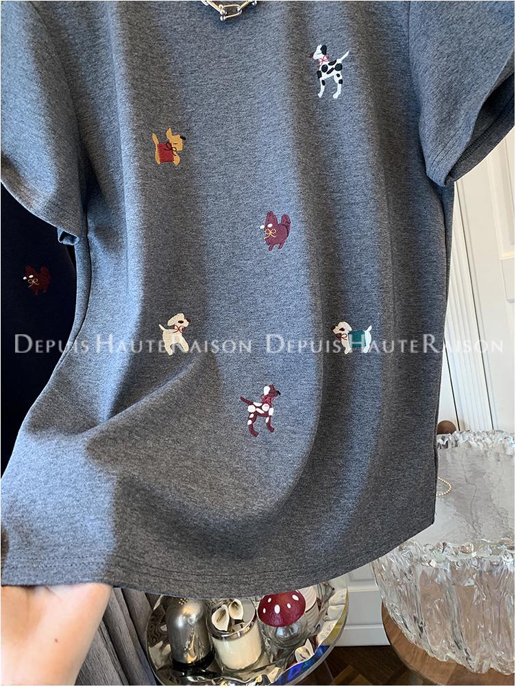 Top Holgado con Bordado de Cachorro - Camiseta de Manga Corta de Dibujos Animados Verano 2026, Versátil y Juvenil Estilo Ins