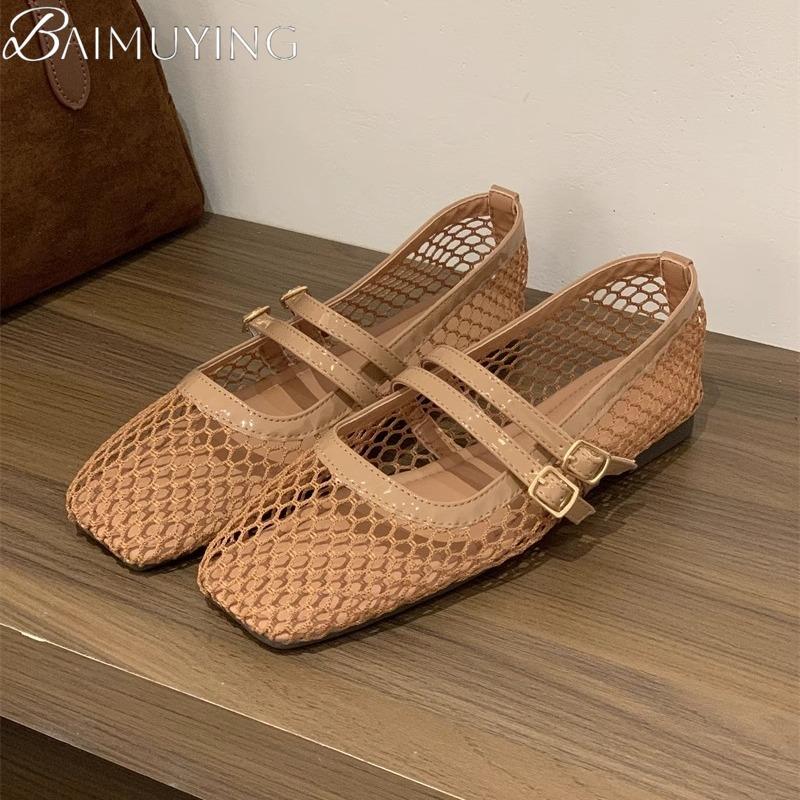Fashion Women Mesh Mary Jane Shoes Woman Casual Square Toe Flat Sandals Summer 2025 Trend Soft Sole Dress Comfort Breathable Sandalias