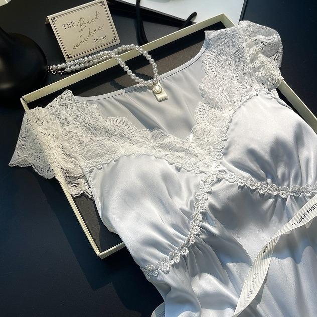 Women’s Summer French Style Ice Silk Short Sleeve Nightgown Long Fairy Dress Lightweight Sleepwear Loungewear Wearable Outdoors