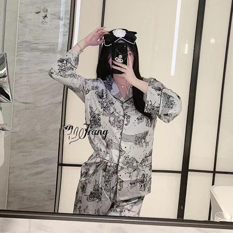 Women's Floral Silk Pajamas - Long-Sleeved, Thin & Stylish Korean Homewear for Spring/Autumn