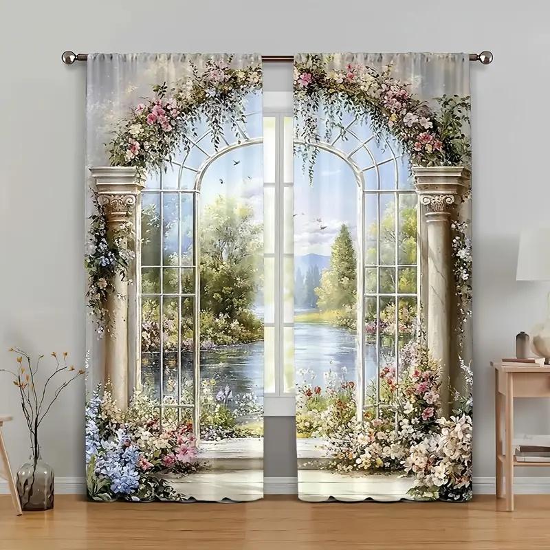 2 Pcs Flower bouquet arch print curtains,suitable for bedroom,living room kitchen decoration,home decoration,window decoration