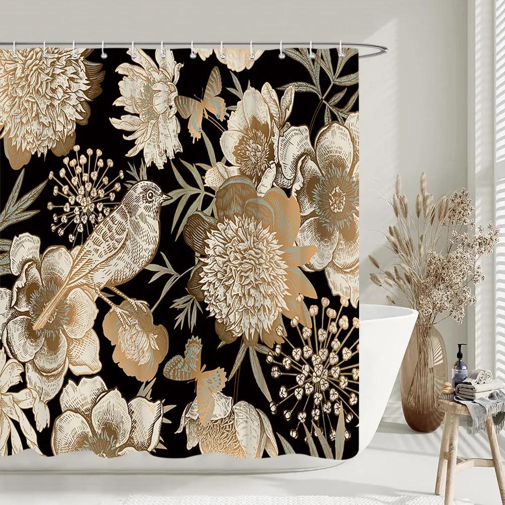 Black Gold Boho Botanical Floral Shower Curtain Vintage Floral Rose Aesthetic Unique Chic Polyester Bath Curtains Bathroom Decor