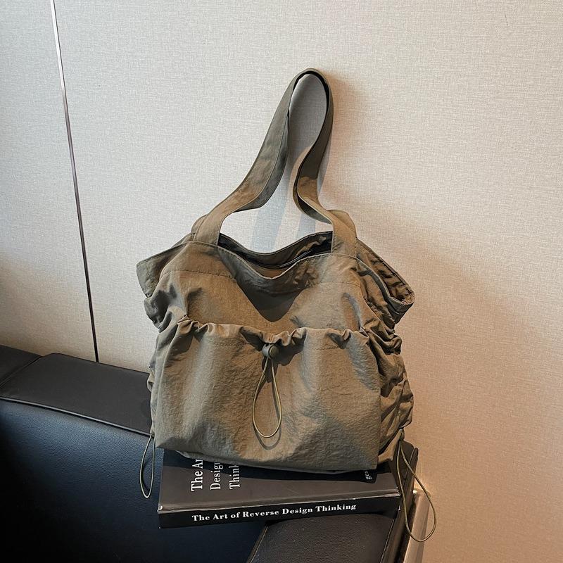 Large Capacity Tote Bag Women's New Flow Casual Lightweight Bag Shoulder Pleated Drawstring Canvas Women's Bag