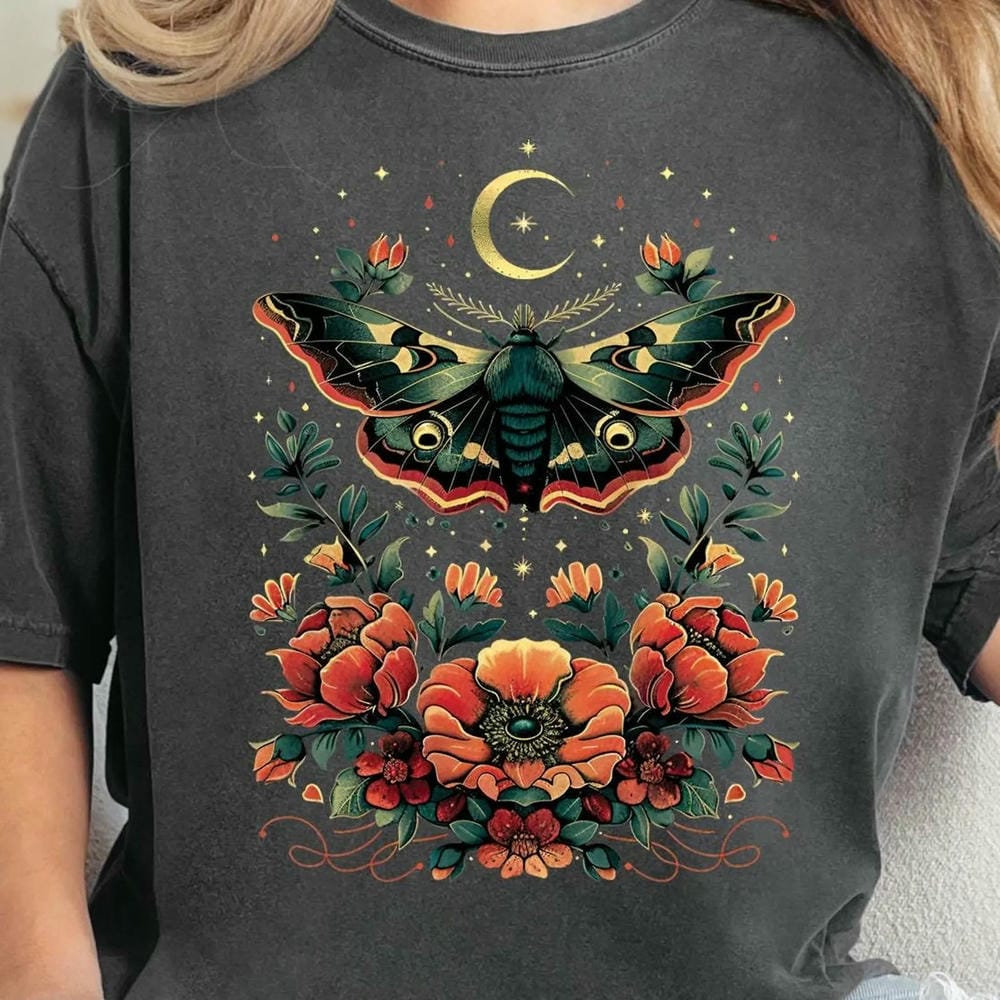 Damska Vintage Dark Academia Goblincore Ćma Fazy Księżyca Grzyby Vintage Cottagecore Estetyka Unisex Góra Krótki Rękaw Streetwear