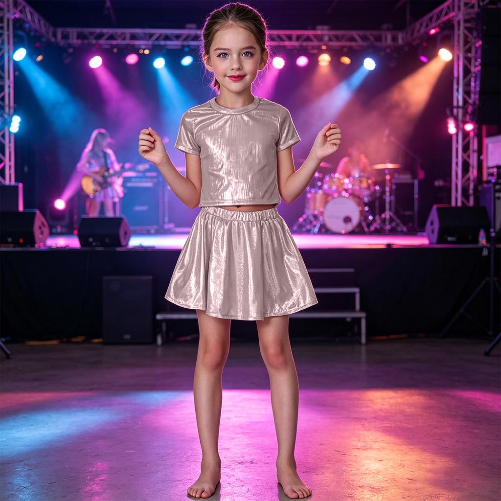 Girls Pleated Skirt Elastic Waistband Dance Skirt with Foil Laser Shine Finish Kids Skirt for Ballet Performance and Costume Use