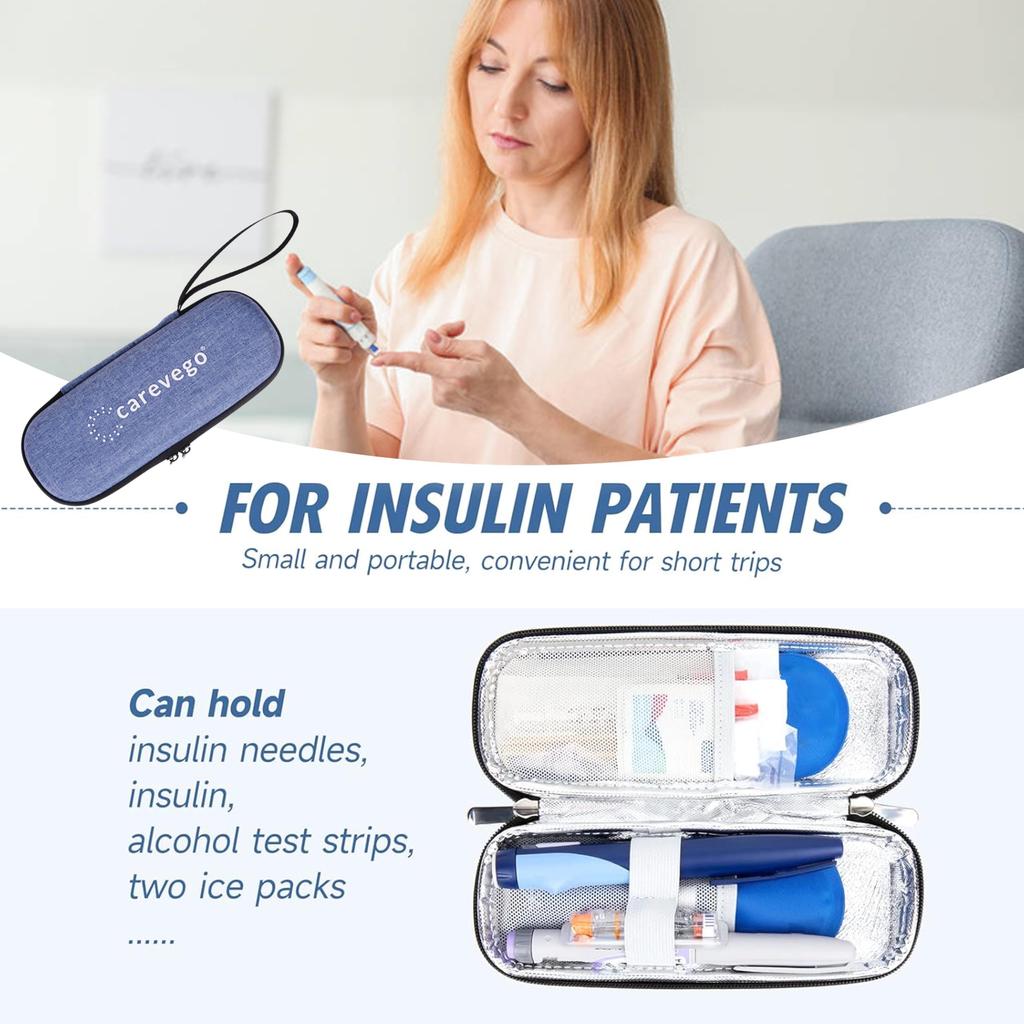 CareVego Compact Insulin Cooling Bag Traveling with 2 + 2 Ice Packs for Insulin Pens [6h-8h] (Blue)