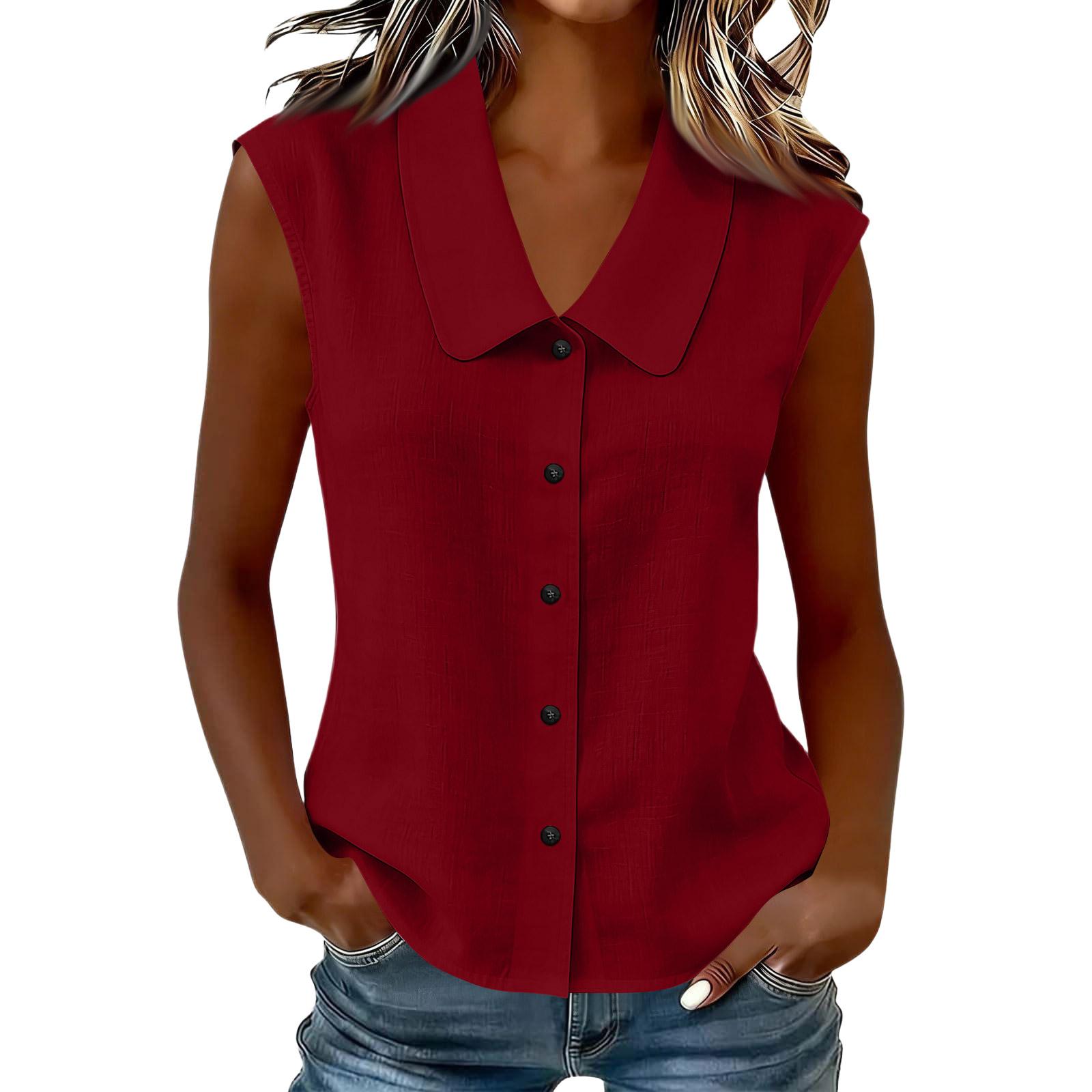 

Women S Color Casual Collared Sleeveless Shirt XL винний