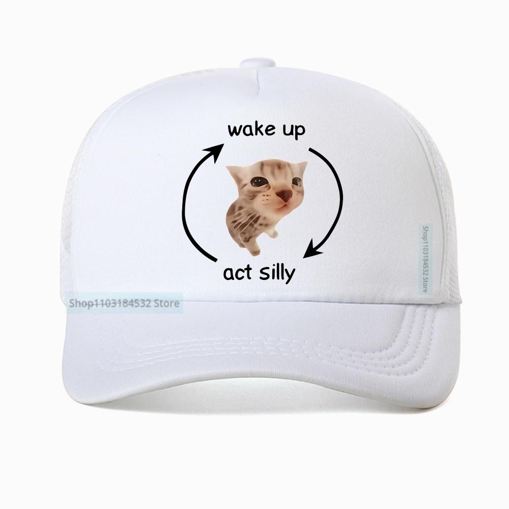 Funny Wake Up Act Silly Cat Print Graphic Baseball Cap Hip Hop Summer Mesh Breathable Trucker Hat Casual Fashion
