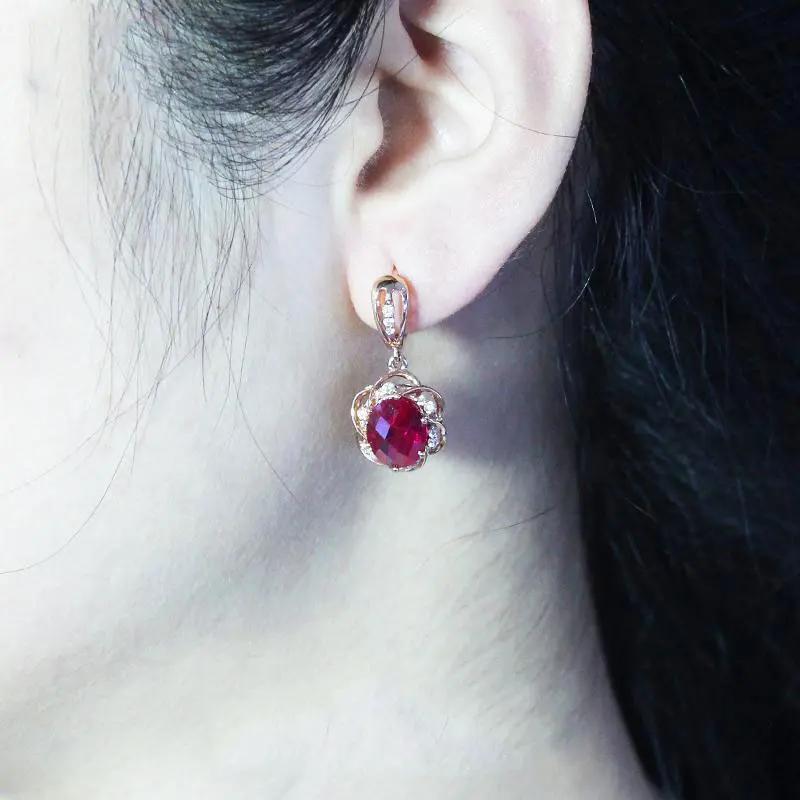 Exquises Boucles d'Oreilles Fleur Rubis de Luxe pour Femmes Plaqué Or Rose Cuivre Incrusté Ovale Mode Boucles d'Oreilles Mariage Zircon Cadeau