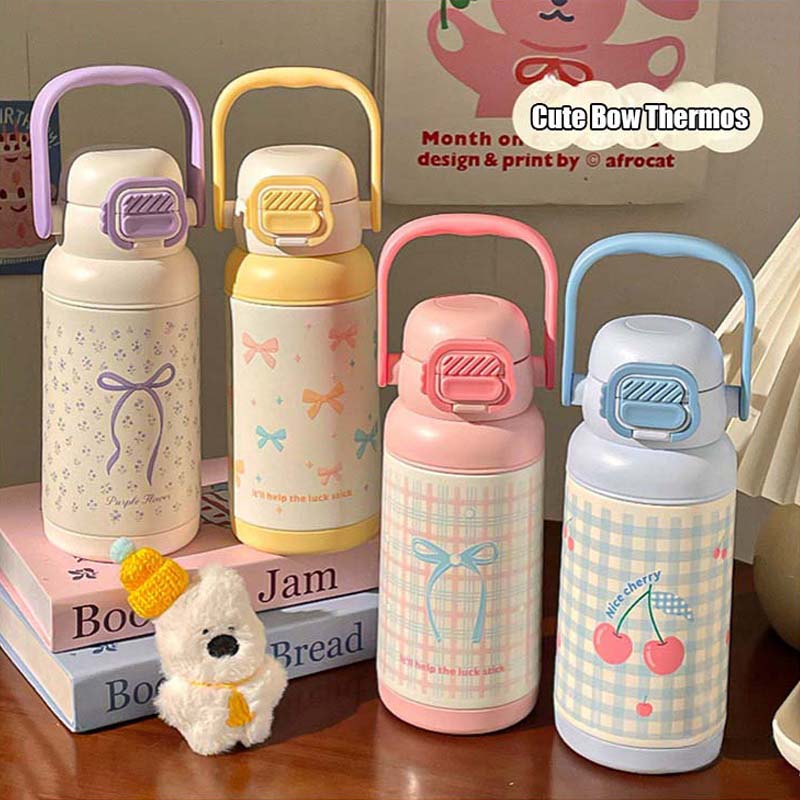 700ML Cute Bow Thermo Water Bottle For Girls Portable Handle 316 Double Drinking Outdoor Sports Straw Vacuum Thermal Bottle Gift