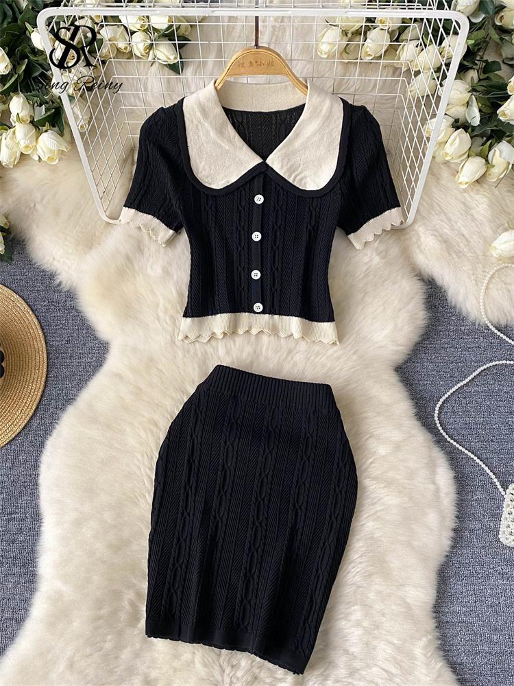 

Французский сладкий вязаный новый комплект из двух предметов, женский элегантный топ с короткими рукавами и эластичной резинкой на талии, костюмы, летняя винтажная офисная одежда One Size чёрный