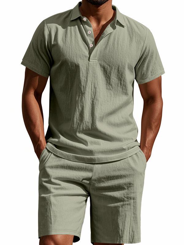 Men's European Summer Linen Polo Shirt and Shorts Set - Breathable, Casual, Loose Fit