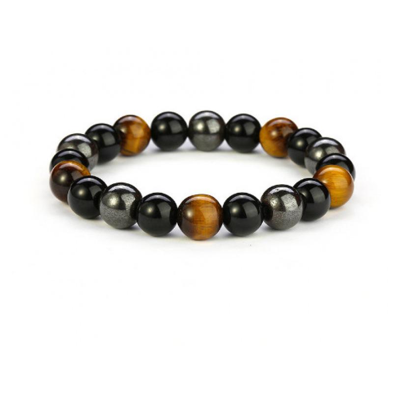Tiger Eye & Volcanic Rock Beaded Magnet Bracelet with Obsidian Gallstone