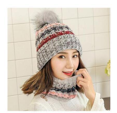 Hat Ladies Winter Trendy Autumn Winter Cute Versatile Knitted Mask Scarf Fleece Cycling Ear Protector Wool Cap
