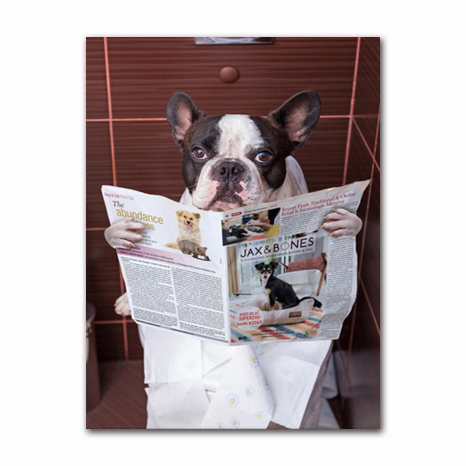 Funny Animal Dog Read Newspaper Oil Painting On Canvas Wall Art Poster Prints Wall Art Picture for Bathroom Toilet Decoration