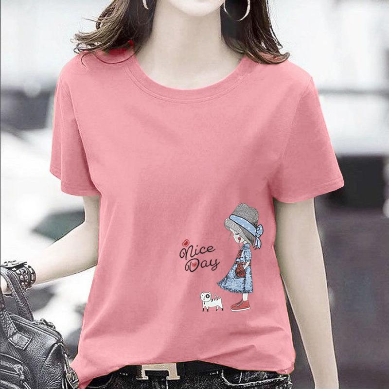 GMXIA Women's Fashion Casual Summer Spring Solid Color Print Short Sleeve O-Neck T-shirts and Loose Tops