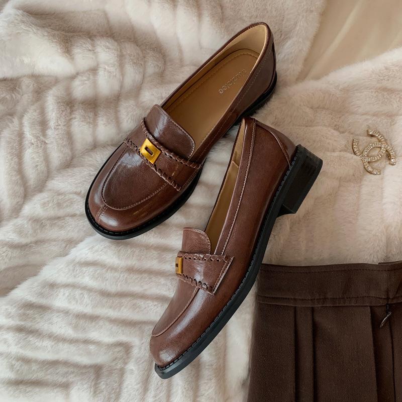 

Туфли ретро с маленькой золотой пряжкой, круглый носок, на одной педали, толстый каблук, женские 40