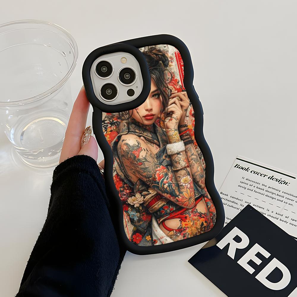 Retro Tattoo Girl Mobile Phone Case for iPhone 17 16 15 14 13 12 11 Air Pro Max Plus Wavy Edge TPU Colorful Cover Pretty Luxury