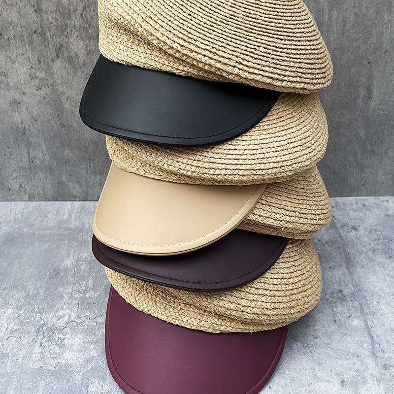 Summer Straw Cap PU Leather Women's Newsboy Cap Beret Hat Sun Cap Visor Travel Beach Hat
