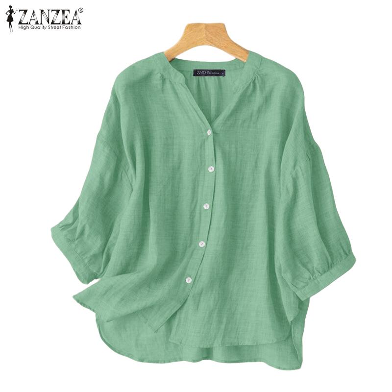 ZANZEA Women Round Neck 3/4 Sleeve Solid Color Casual Thin Blouses