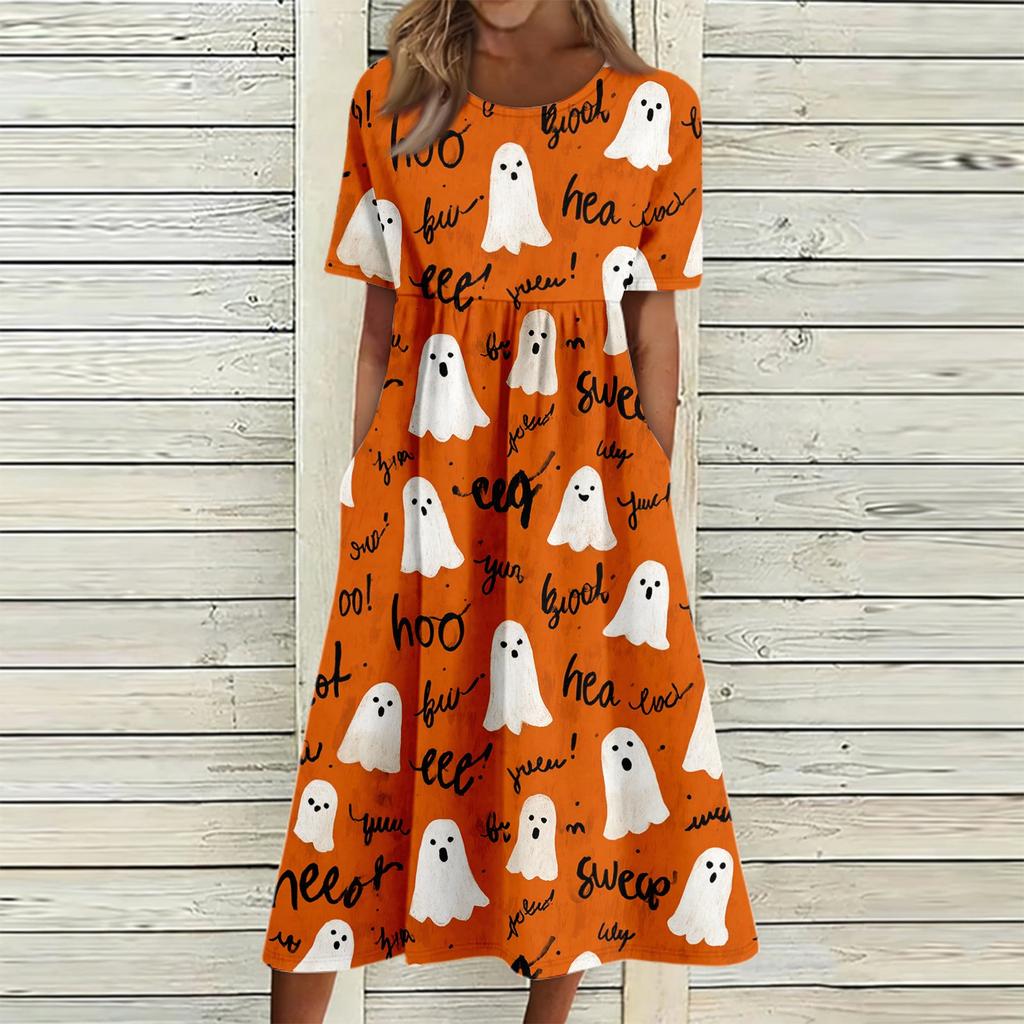 Women Casual Halloween Print Dress Short Sleeve Round Neck Pocket Midi Dress Loose Fit Comfortable Everyday Wear