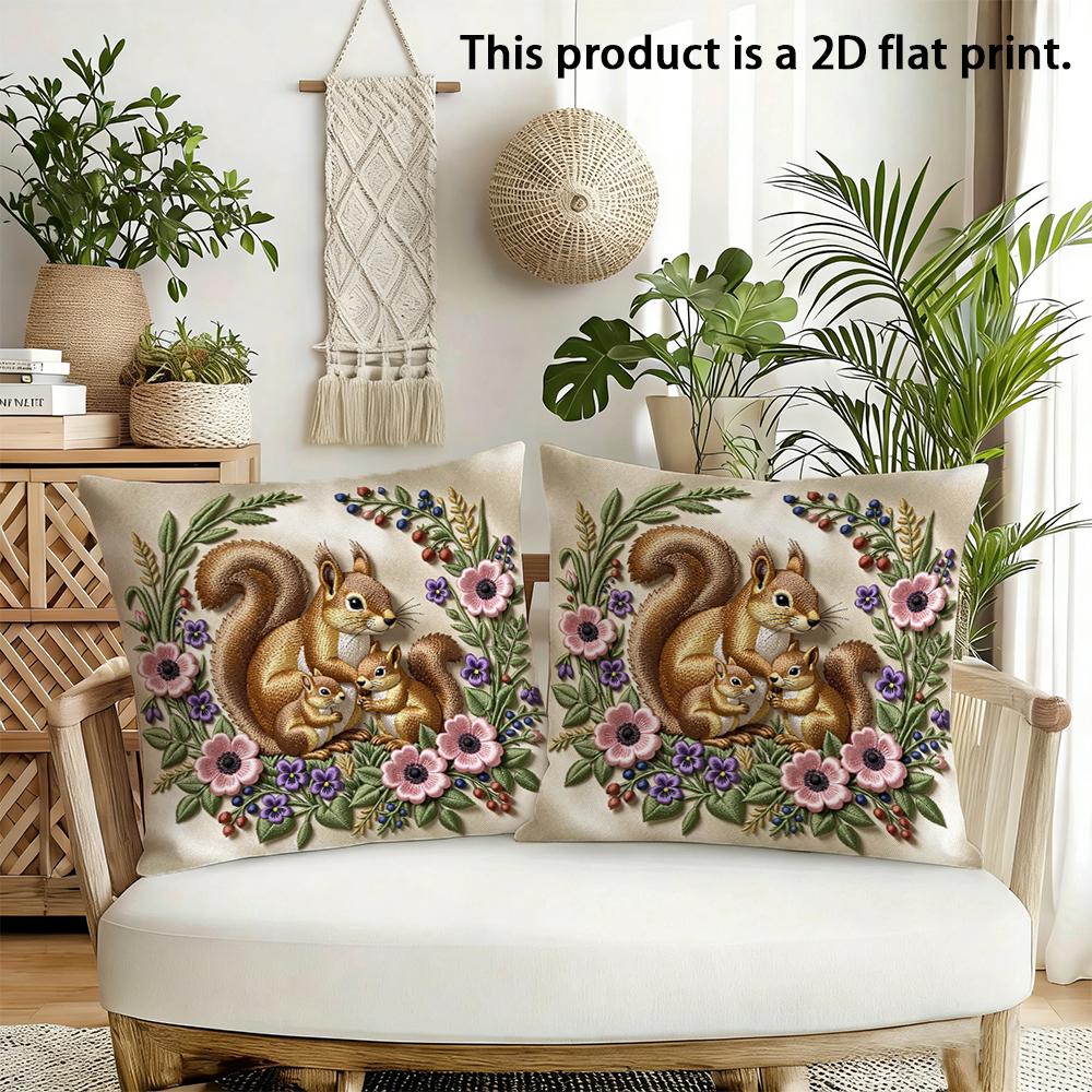 2pcs Vintage Squirrel Family Floral Throw Pillow Covers,Soft Decorative Square Cushion Cases for Sofa Bedroom Living Room