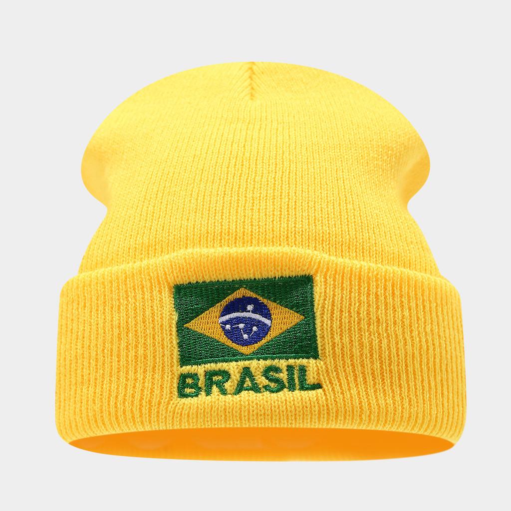 

Brazil Flag Knit Cap With Windresistant Design And Embroidered Detail For Autumn And Spring Use жовтий