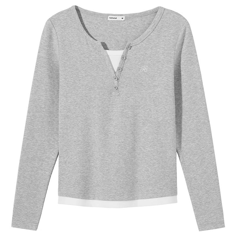 Hotwind Women's Faux Two-Piece Long Sleeve V-Neck T-Shirt