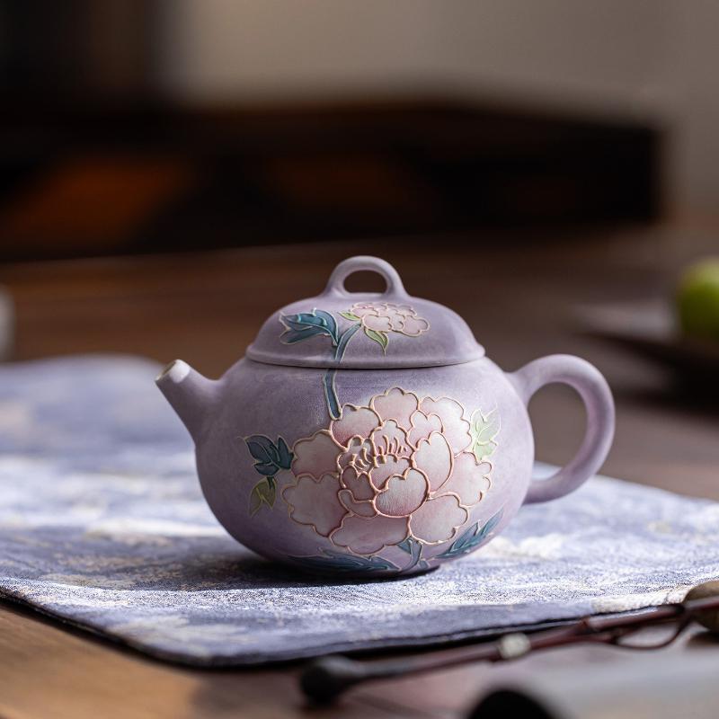 New Chinese Style Ceramic Teapot Hand Painted Peony Relief Kungfu Tea Set Porcelain Pot for Women Home Use Brewing Gift Idea