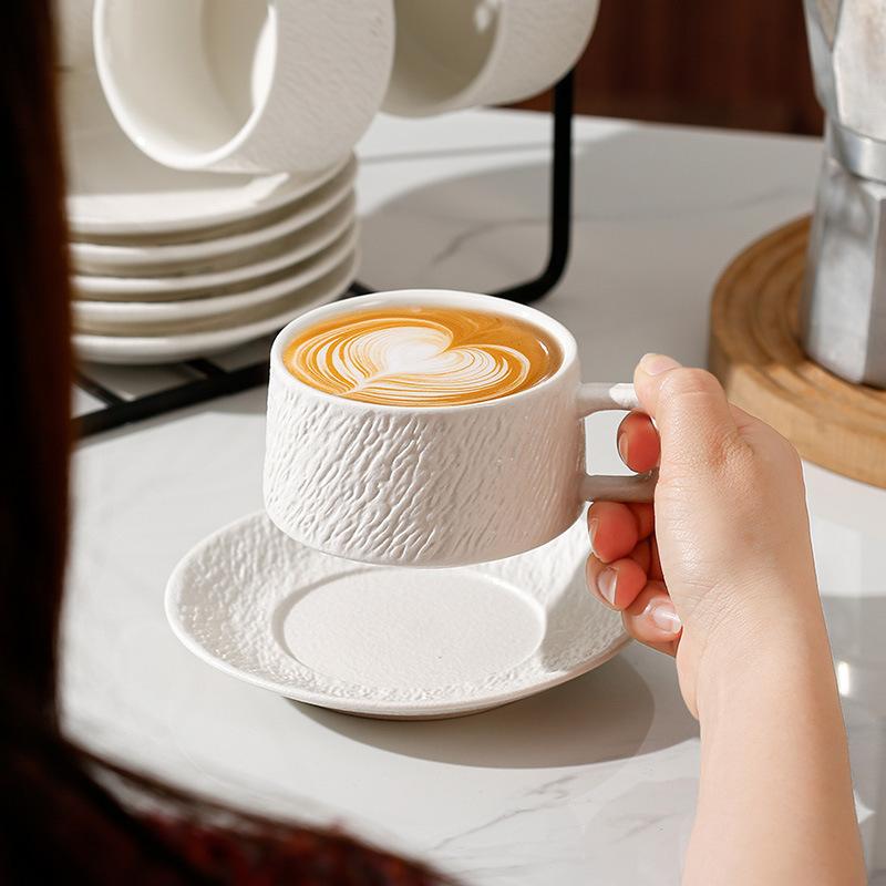 Frosted Stone Pattern Coffee Cup And Saucer Set, Teacup Hanging Ear Coffee Cup, Simple Solid Color Home Breakfast Cup, Afternoon Teacup