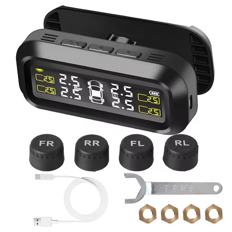 Car Tyre Pressure Monitoring Tire Pressure Monitor System Solar TPMS Temperature Warning Fuel Save 4 External Sensors