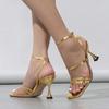 Wort mit Schlangenmuster mit Knöchelriemen galvanisierter Absatz eckige Spitze sexy Mode Party goldene High Heels