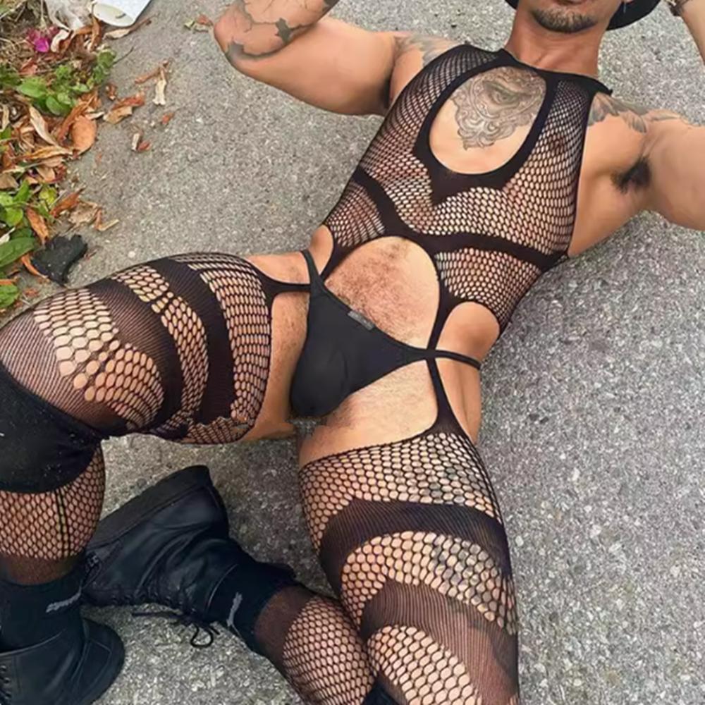 Men'S Sexy Underwear One-Piece Fishnet Full Body Stockings Gay Erotic Mesh Perspective Tight Lingerie Sissy Clothes Nightdress