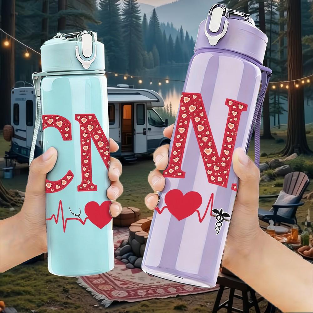 1PC CNA Heart EKG Color Letter 750ml Color Plastic Sports Water Bottle Leakproof Flip Straw Lid Suitable for Sports Office Home Use