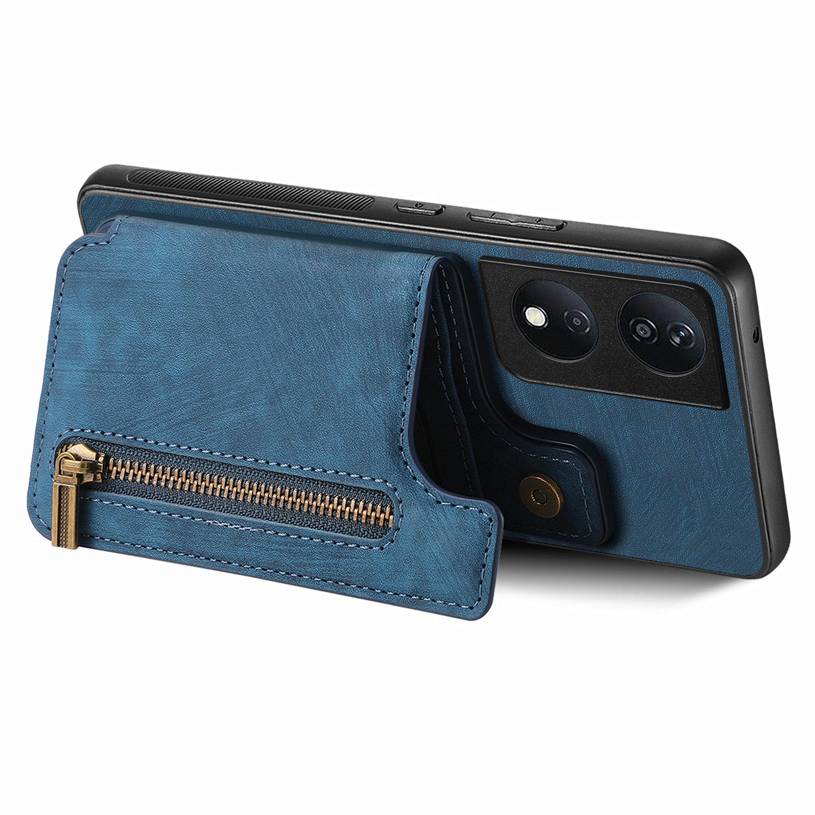 

D15 For Honor X7b 4G/90 Smart Case with Card Holder Retro Leather+TPU Zipper Phone Cover Blue