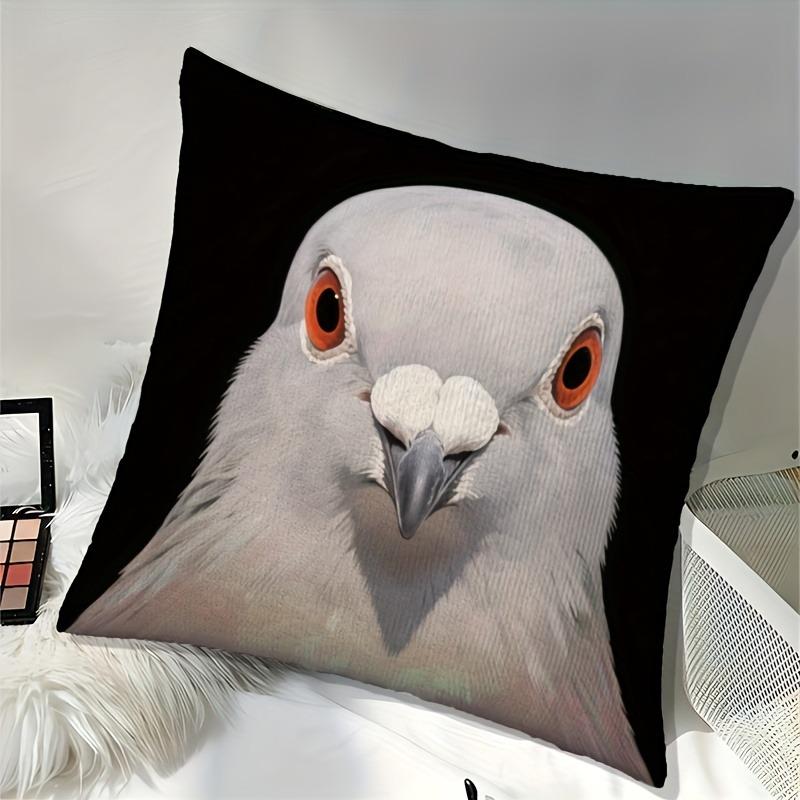 1 faux white and gray two-tone pigeon plush figure with modern style black background with flying or perching pigeon pattern