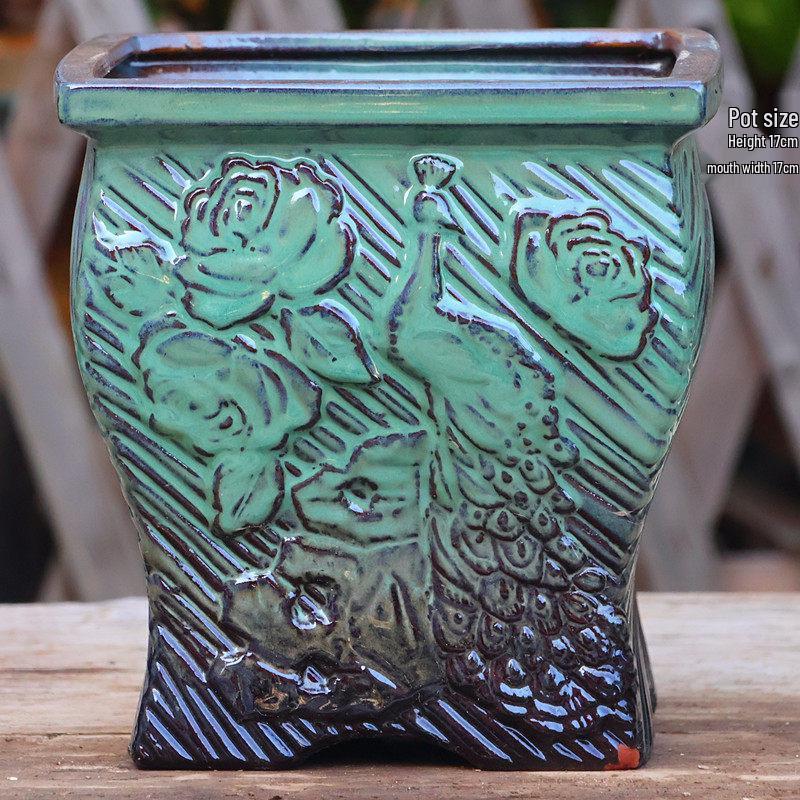 Yixing Handmade Square Mouth Coarse Pottery Planter - Large Succulent Flower Pot with Old Branch Design and Jade Pendant.