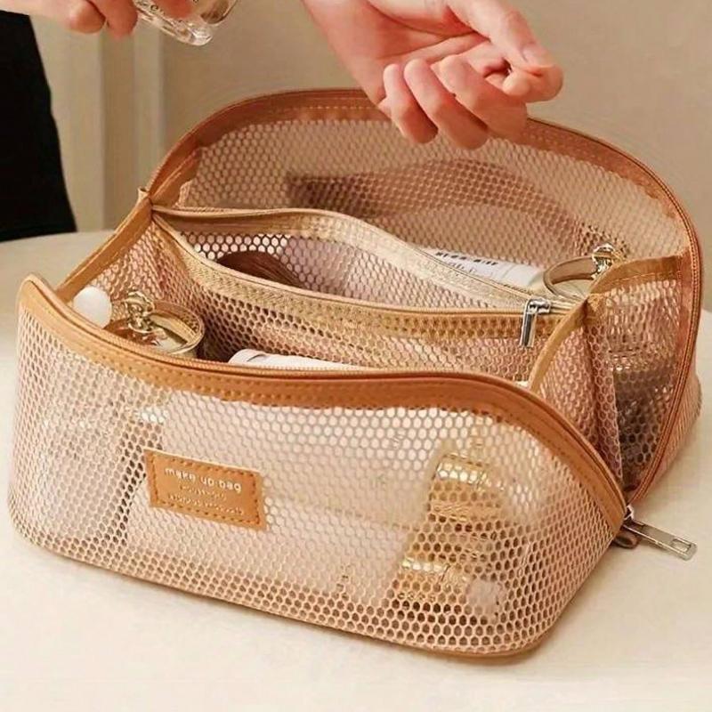 Large Capacity Nylon Mesh Makeup Bag, Breathable Multi-Layer Cosmetic Organizer Fashion Travel Wash Bag Compartments For Toiletries And Makeup Tools