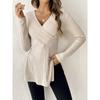 Women's Elegant Long-sleeve Striped Knit Top with V-neck T-shirt