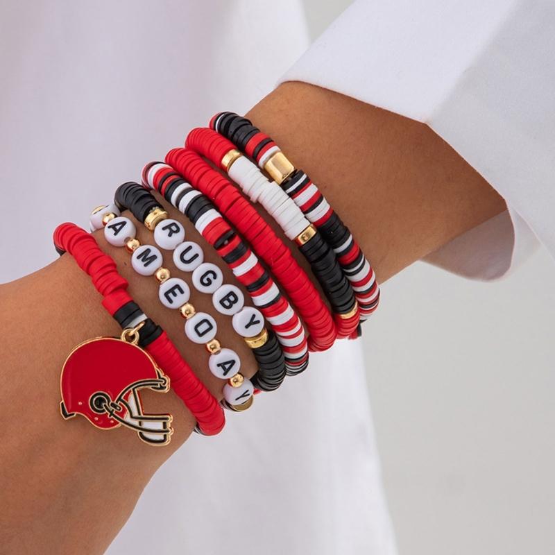 Versatile Unisex Football Charm Letter Beaded Bracelet Elastic Band Handchain for Everyday Wear Street Hand Jewelry
